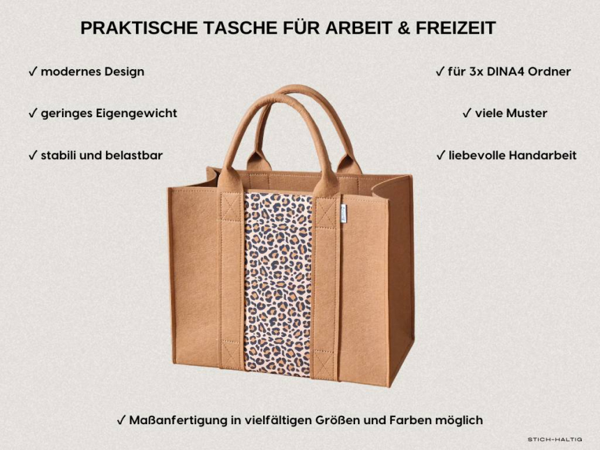 Handgefertigte Leoprint Filztasche in Grau mit markantem Leoprint-Muster