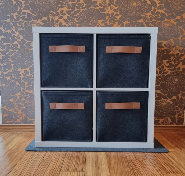 Regalkorb dunkelgrau mit Ledergriff Cognac